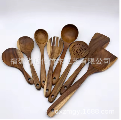 Juego de utensilios de cocina anti-quemaduras de cinco piezas, juego de nueve piezas, juego de espátulas de madera con mango largo, cuchara para remover integrada, utensilios de cocina para el hogar