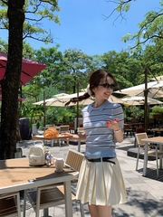 美式复古学院风撞色条纹正肩短袖T恤女夏季2025新款修身短款上衣