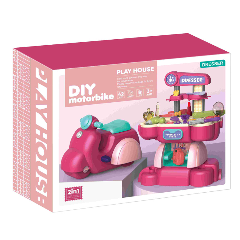 El comercio exterior de LOS NIÑOS 2-en-1 Herramienta de reparación de simulación de maquillaje cocina supermercado Casa de juego de mascotas motocicleta juguete