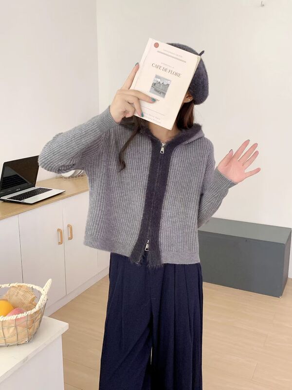 双拉链连帽针织开衫2025秋冬新款拼接毛毛韩版宽松休闲毛衣外套女|undefined