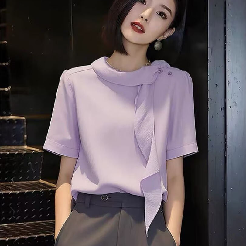 Áo sơ mi ngắn tay nữ phong cách thanh lịch, tay lụa, màu tím — màu tím chi tiết 1