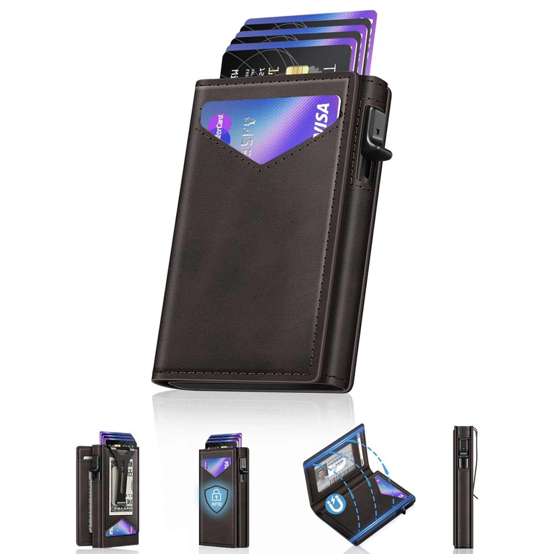 Amazon doble doble flip cartera de absorción RFID anti-robo cartera de cuero de metal multi-tarjeta cartera de negocios para hombres