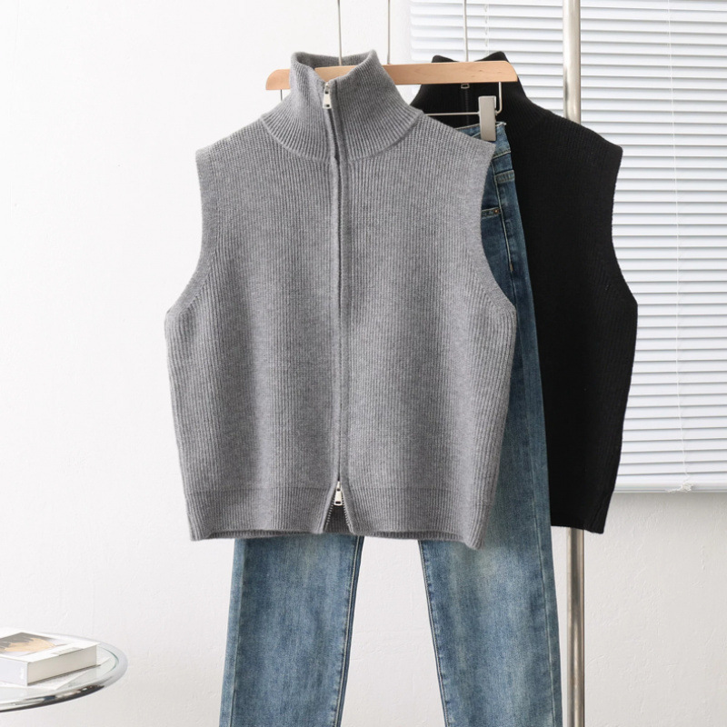 Retro collar de hombro de punto chaleco de mujer otoño invierno nuevo cardigan chaqueta de diseño suéter con cremallera suelta clip de caballo