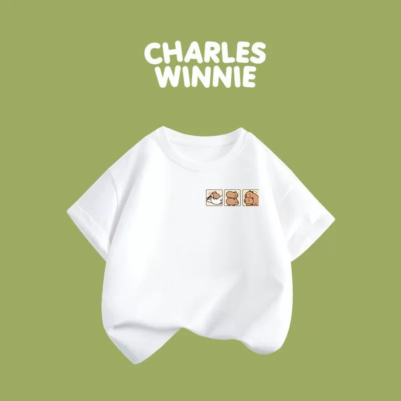 Cross-border ca three 9 upper right middle and large children pure cotton children's short-sleeved 2025 new summer boys and girls round neck children's clothing