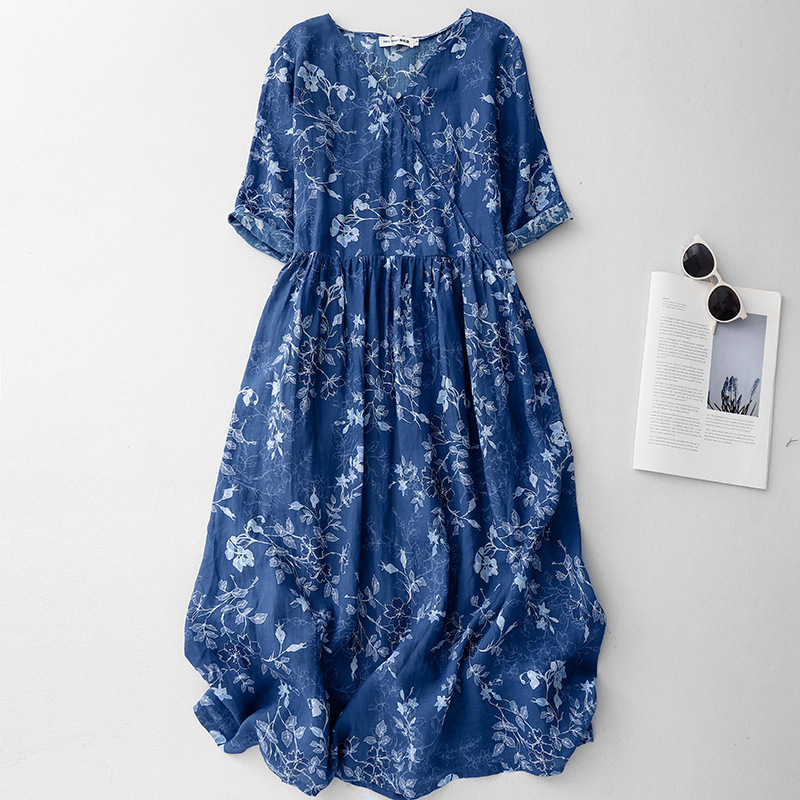 2026 Spring and Summer New Style Light Luxury Kimono-Style Dress with Print, Over-The-Knee Loose-Fitting Retro Blue Floral Dress
