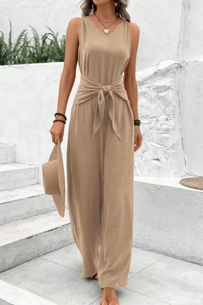 Damen Jumpsuit Mit V-ausschnitt Knoten-detail Und Weitem Bein_voghion.com