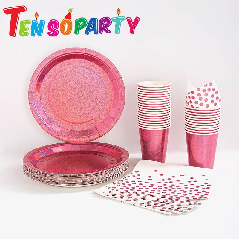 Dorado oro rosa desechable mantel vajilla traje taza de papel plato de papel fiesta de cumpleaños pastel de tejido Decoración