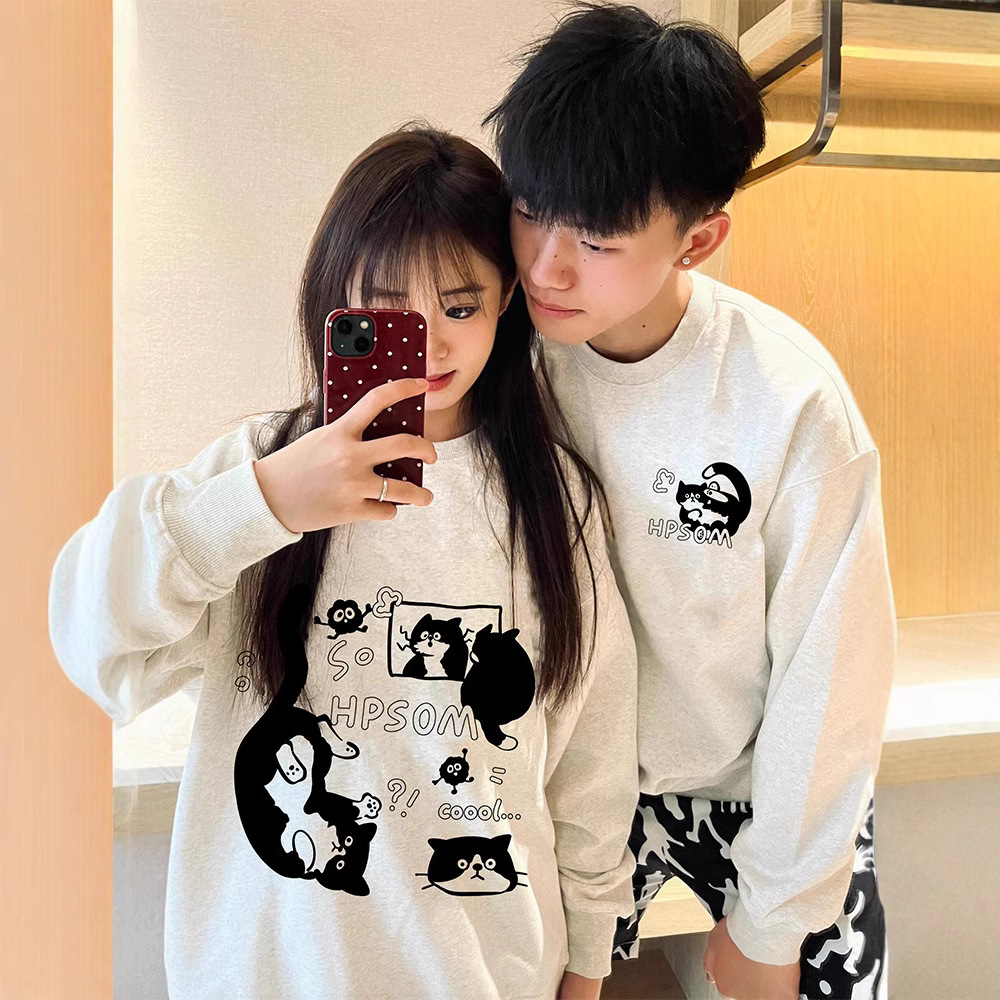 크루 넥 멜란지 그레이 고양이 기모 두꺼운 땀 여성의 가을과 겨울 느슨한 게으른 스타일 코튼 무거운 폭발성 탑