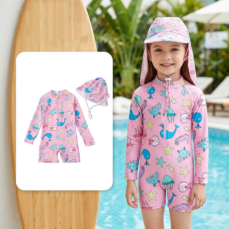 Cross-Border Children's Swimwear 2026 New Model Girls' Cute One-Piece Sun-Protective Swimsuit Pink Ocean