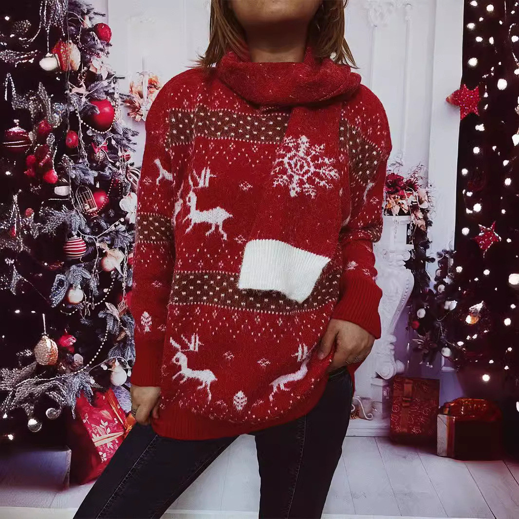 Damenbekleidung Herbst und Winter Neu Rundhals Langarm Hirsch Schneeflocke Jacquard Weihnachtspullover Schal Zweiteiliges Set_voghion.com