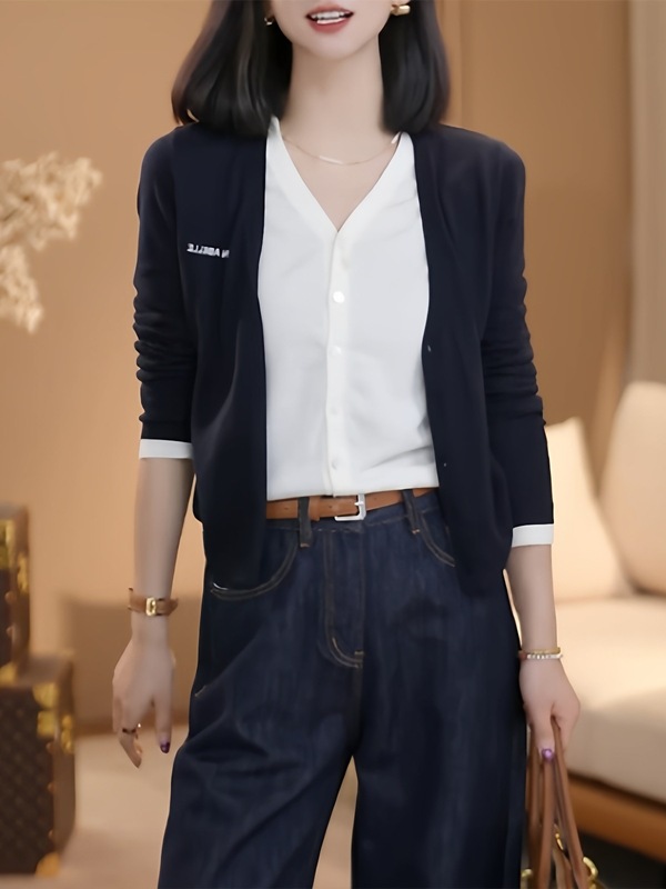 韩系时尚精致的假两件设计款长袖针织开衫女2025秋季新款减龄上衣|undefined