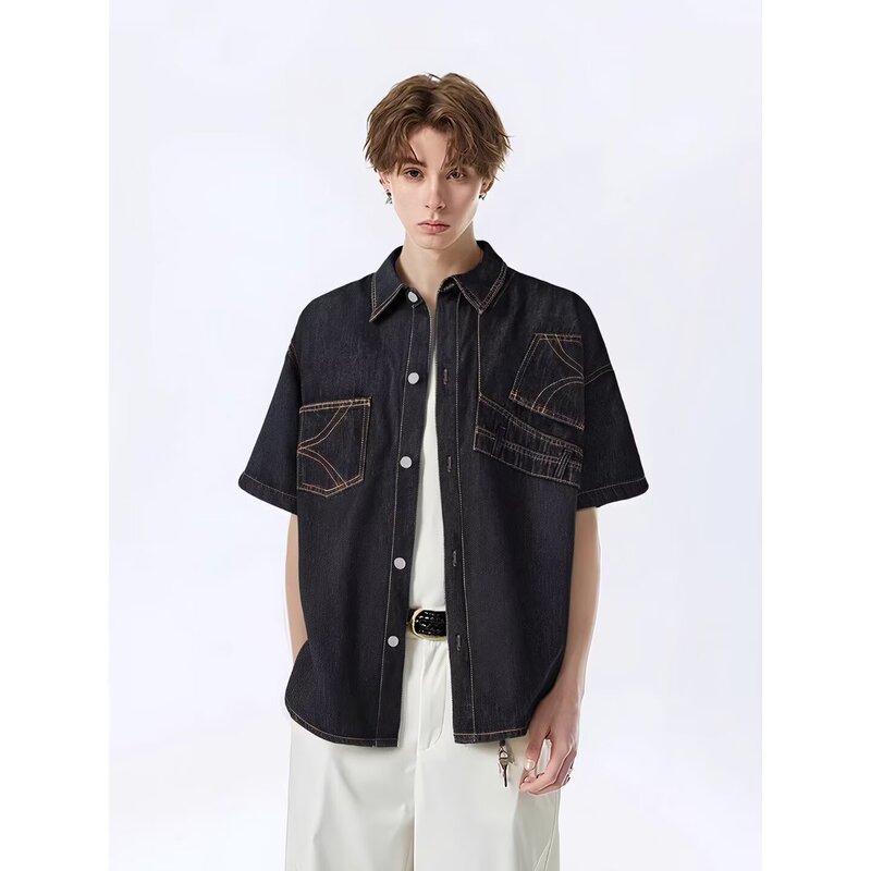Deconstructed Reverse Design Denim Short-Sleeve Shirt for Men, Summer Loose Shirt Jacket, Trendy Linen Style