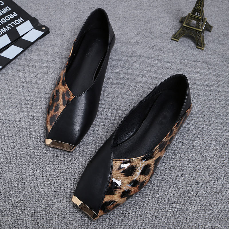软底平底鞋2024春季新款浅口软单鞋方头豹纹低跟女鞋小鞋