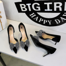 1363-AH122 Korean version stunning oversized rhinestone bow pointed toe kick side hollow out Xishi velvet single shoe for women