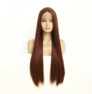 Peluca europea y americana popular marrón 8 # corte medio largo cabello liso fibra química frente encaje fábrica al por mayor LW0051