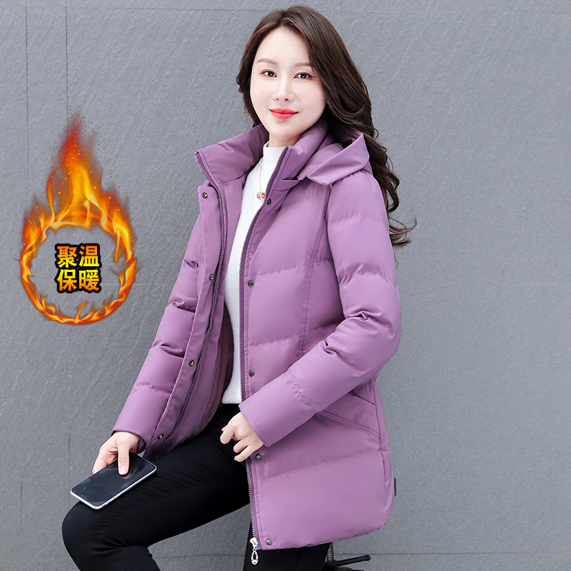 紫色韩版中国风拉链连帽可拆卸棉衣女冬季中长款加厚保暖气质通勤