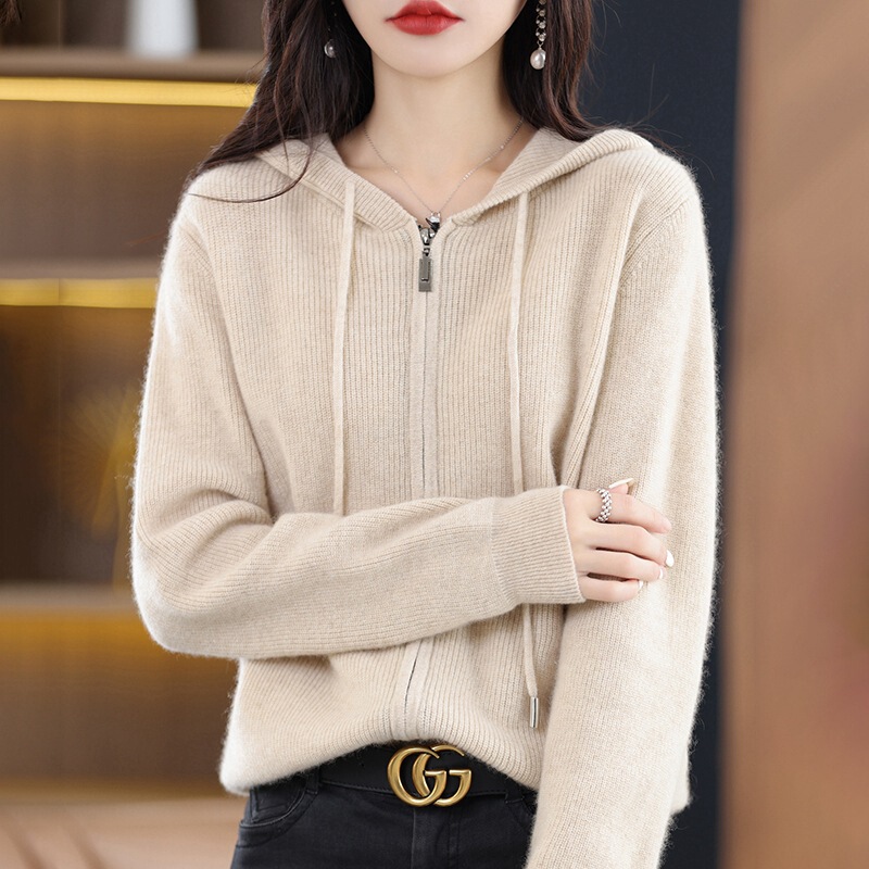2025 Autumn Casual Short Solid Color Pullover Sweater Women's Knitwear Hoodie Zipper Simple Top