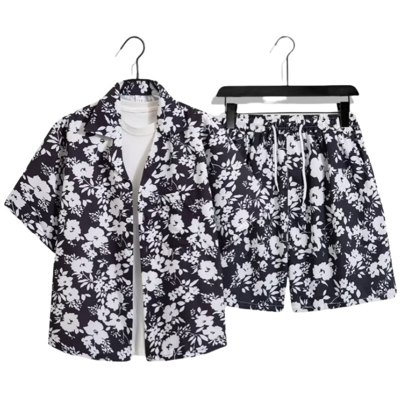 海南島服、東南アジア風スーツ、花柄シャツ、半袖、男女同型、五分袖、ゆったり、ハンサム、ビーチスタイル|undefined
