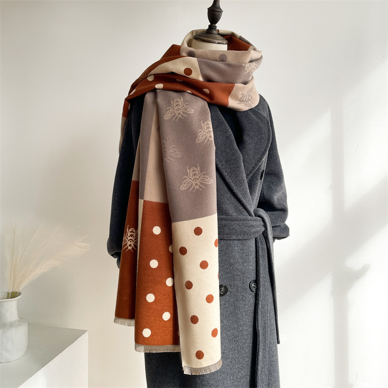 Little Bee I mitation Cashmere for Women, Thickened and Versatile Color blocked Shawl, Winter New Scarf_voghion.com