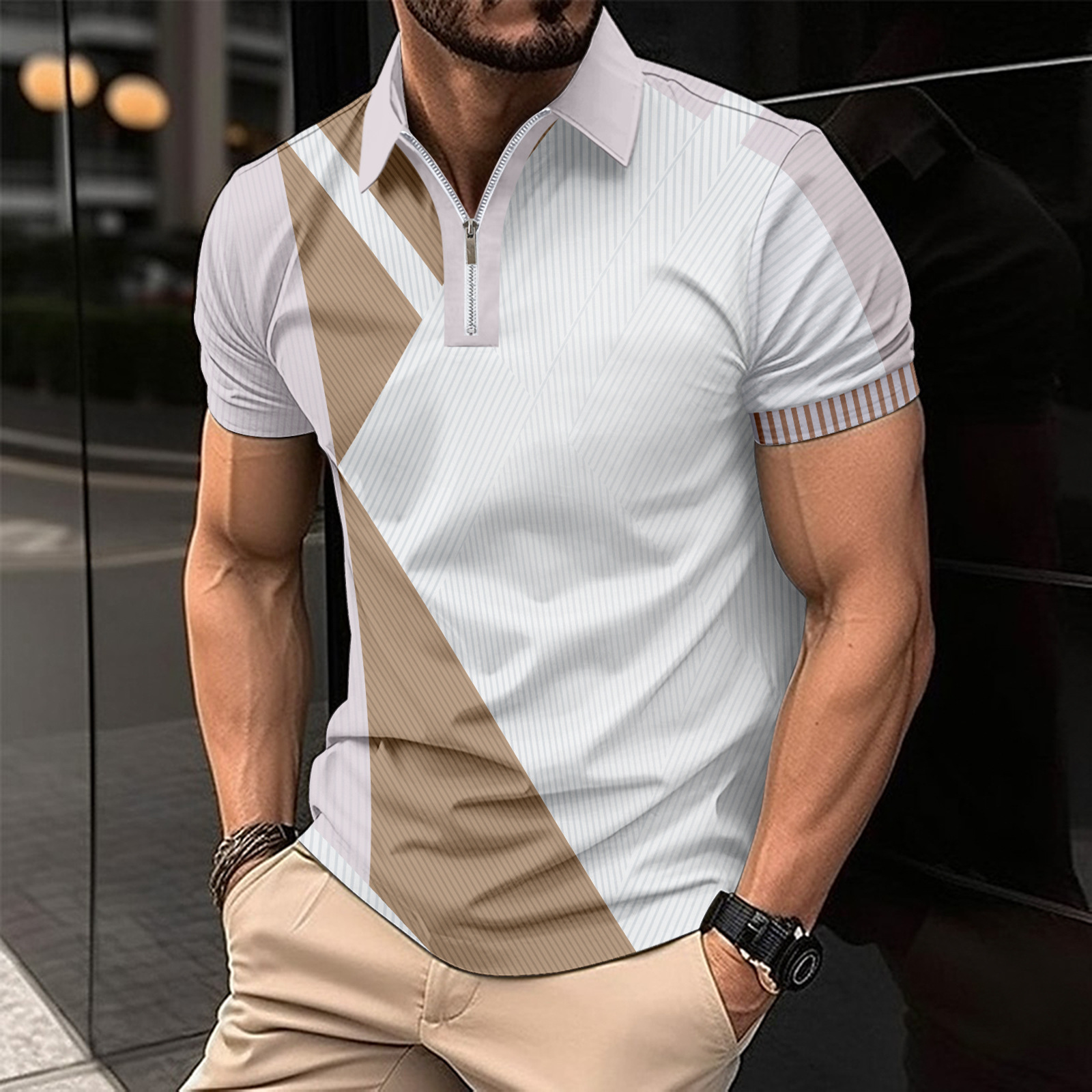 2024 Summer New Men's Casual Short sleeved Flip Collar Zipper POLO Shirt_voghion.com