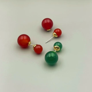 青岛饰品复古时尚红玛瑙绿玛瑙耳钉925银针个性简约气质百搭耳饰