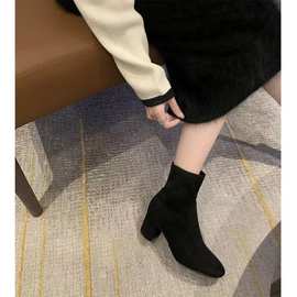 秋冬新款英伦风马丁靴短靴方头高跟百搭时装靴弹力瘦瘦靴时尚气质