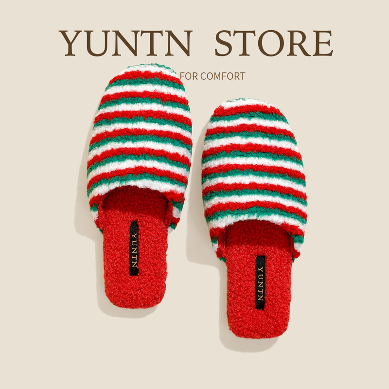 Yuntuan Winter New Product Fresh Stripesd Cashmere Warm Couple Home Cotton Slippers Women's Indoor Non-Slip Home Men's