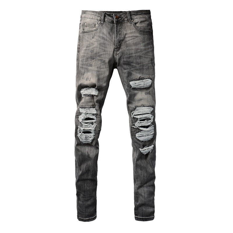Men's Clothing Non mainstream personality patch jeans for men Handmade DIY knee destroyed gray casual pants for men_voghion.com