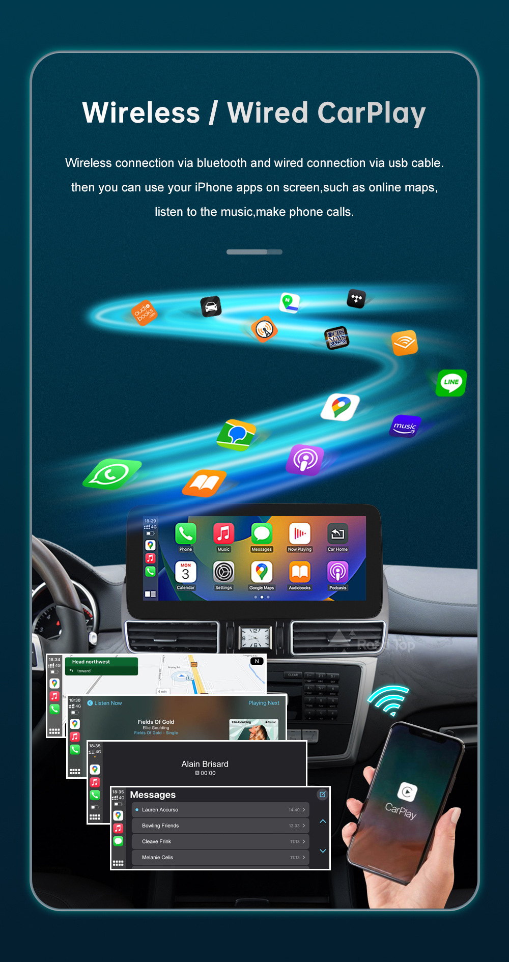 RoadTop Wireless CarPlay Screen For Mercedes Benz ML W166 GL X166 NTG4.5 Display