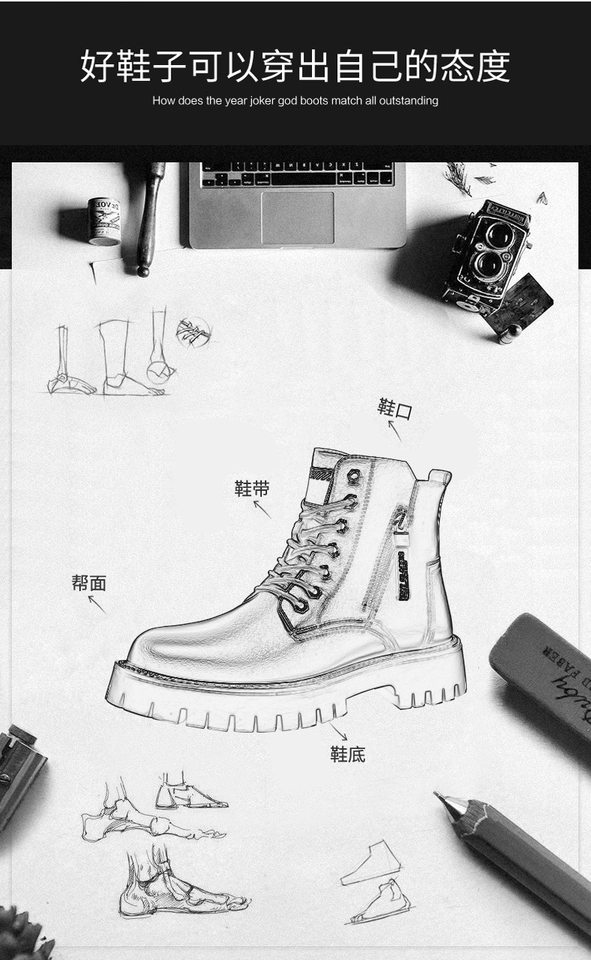 Giày bốt Martin nam da lộn cổ trung, gót 3–5 cm, lót lông giữ ấm, kiểu retro — Giày bốt đơn Q977 màu đen, Q977-1 plus nhung đen chi tiết 11
