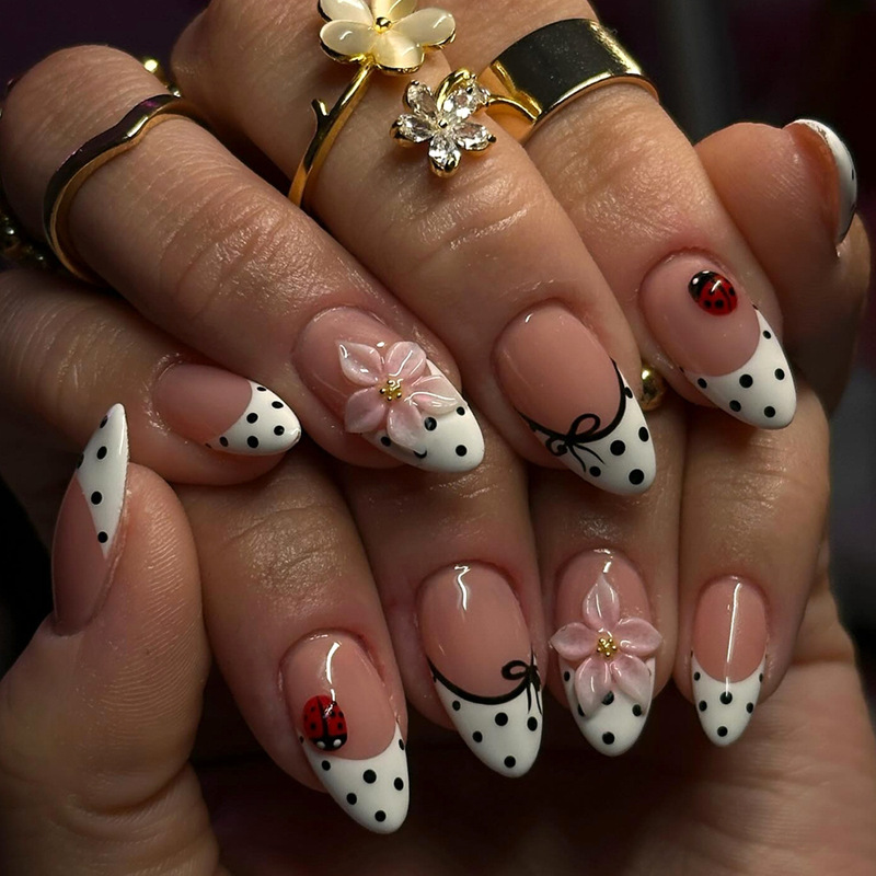 Spring Cross-Border Ladybug Polka Dot French Style Fake Nails 3D Floral Print Press-On Nails Almond Nails Wholesale in Stock Spring Cross-Border Ladybug Polka Dot French Style Fake Nails 3D Floral Print Press-On Nails Almond Nails Wholesale in Stock
