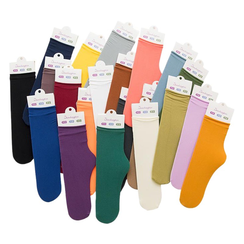 Calcetines de terciopelo de hielo, primavera, verano y otoño, calcetines de mujer de color sólido, medias de hielo delgadas, calcetines de mujer japonesa, calcetines de tubo medio