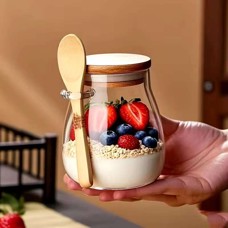 alto borosilicato de vidrio cuchara de madera tanque de almacenamiento condimento de vidrio redondo caramelo transparente almacenamiento de alimentos tanque de sellado al por mayor image 3