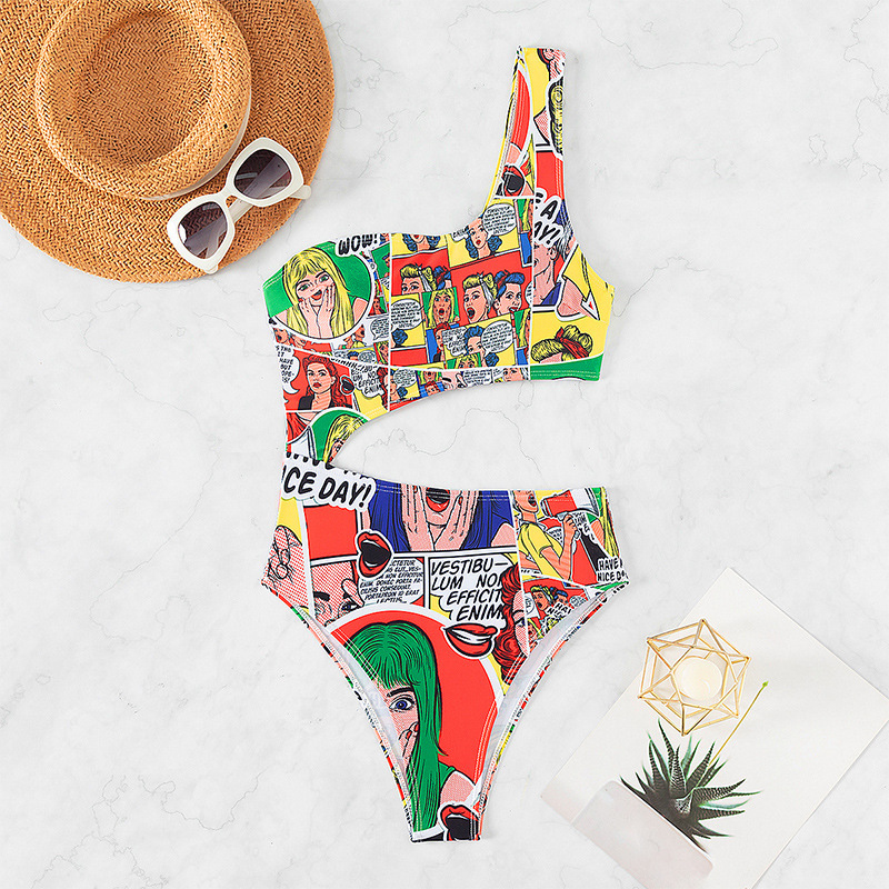 Strapless one-piece for women's 2024 printed one shoulder sexy hollow out beach bikini swimsuit_voghion.com