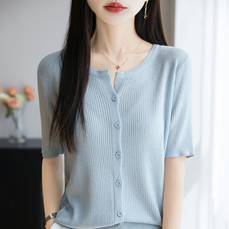 2025 New Summer Worsted Wool V Neck Knitted Cardigan Short-Sleeved Pure Color Striped Loose Versatile Top for Women