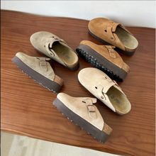 全牛皮7厘米勃肯鞋真皮包头拖鞋外穿松糕厚底增高复古一脚蹬博肯