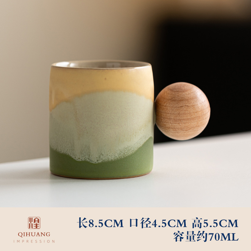 Mango de madera taza de café té taza de té gradiente esmalte exquisita cerámica pequeña taza de regalo caja de regalo traje al por mayor