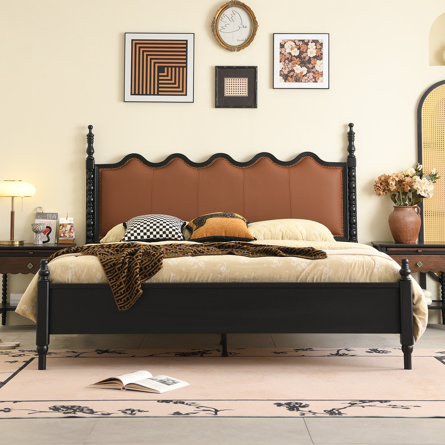 Cama de madera maciza de cuero suave estilo francés ondulado retro Sena cama doble cama principal estilo americano cama de almacenamiento estilo medieval