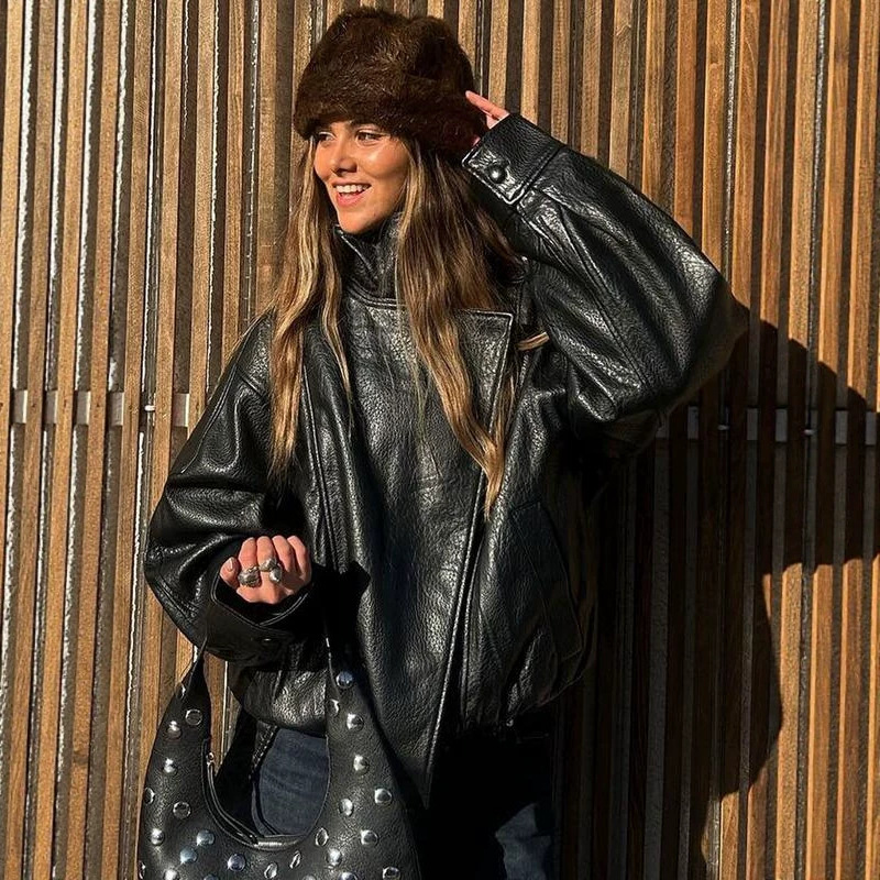 European and American cross-border women's fashion versatile loose casual lychee pattern long-sleeve hot girl leather jacket for spring and autumn
