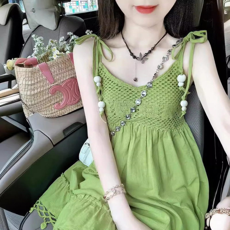 Bohemian Style Green Tassel Sling dress Women's 2024 New Summer Design Sense Dopamine Mori Dress