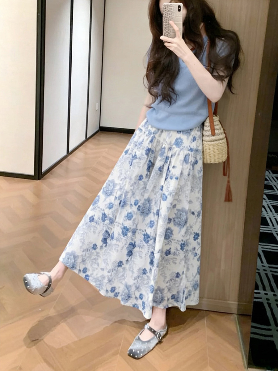 Đầm maxi nữ thắt eo tay ngắn màu xanh da trời — Màu xanh ngắn tay áo, nửa váy