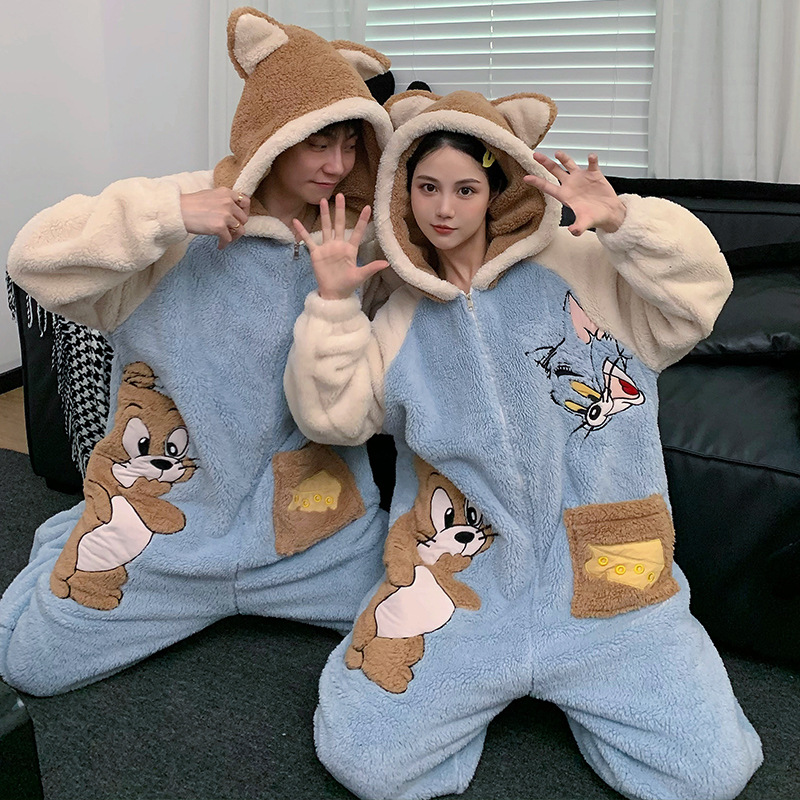 Invierno pareja pijamas de dibujos animados de las mujeres con capucha más el tamaño cálido estudiante ins estilo de una sola pieza desgaste del hogar 200kg usable