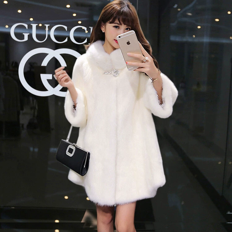 Пальто женское средней длины с воротником-стойкой из искусственного меха норки и кролика рекса в корейском и японском стиле, осень-зима 2024