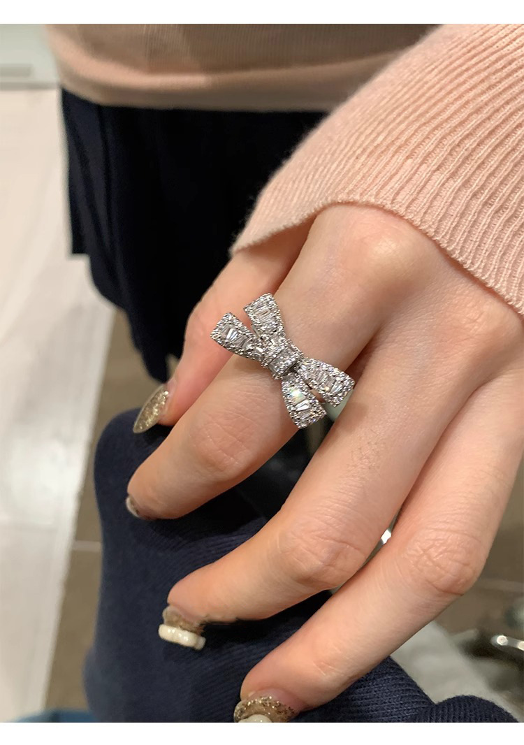 Sterling Silver Bowknot Zircon Ring For Women Adjustable Designer_voghion.com