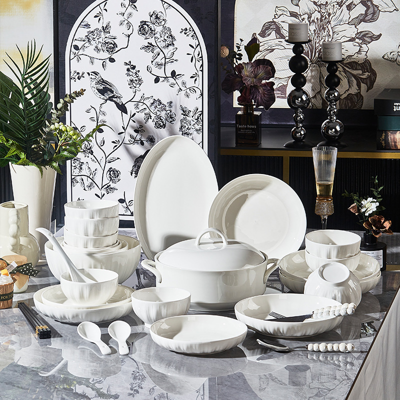 Underglaze Color Tableware Dishes suit Household Jingdezhen Pure White 2024 Simple Ceramic Dishes Advanced New Housewarming