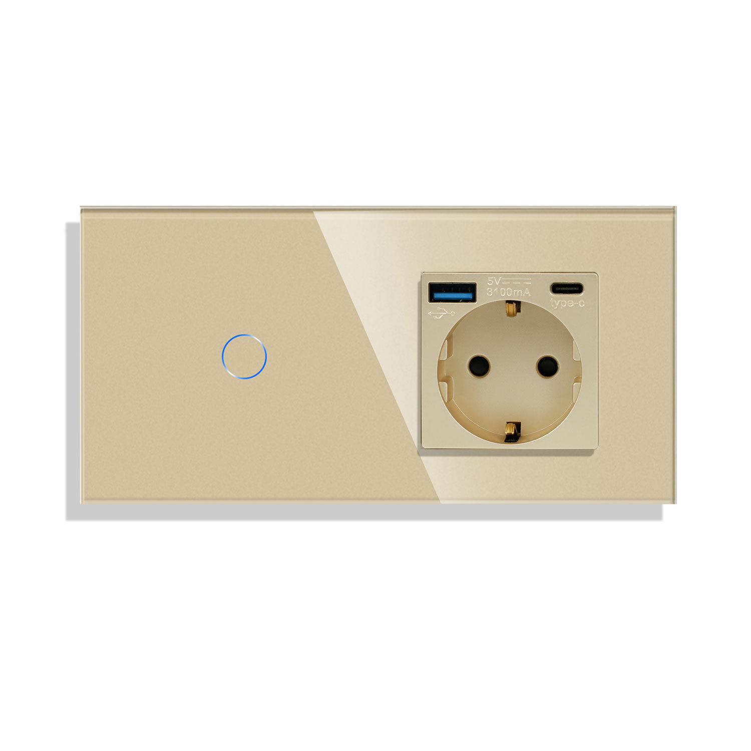 1G触摸开关+AC德插金色玻璃250V16A欧盟标准俄罗斯开关插座