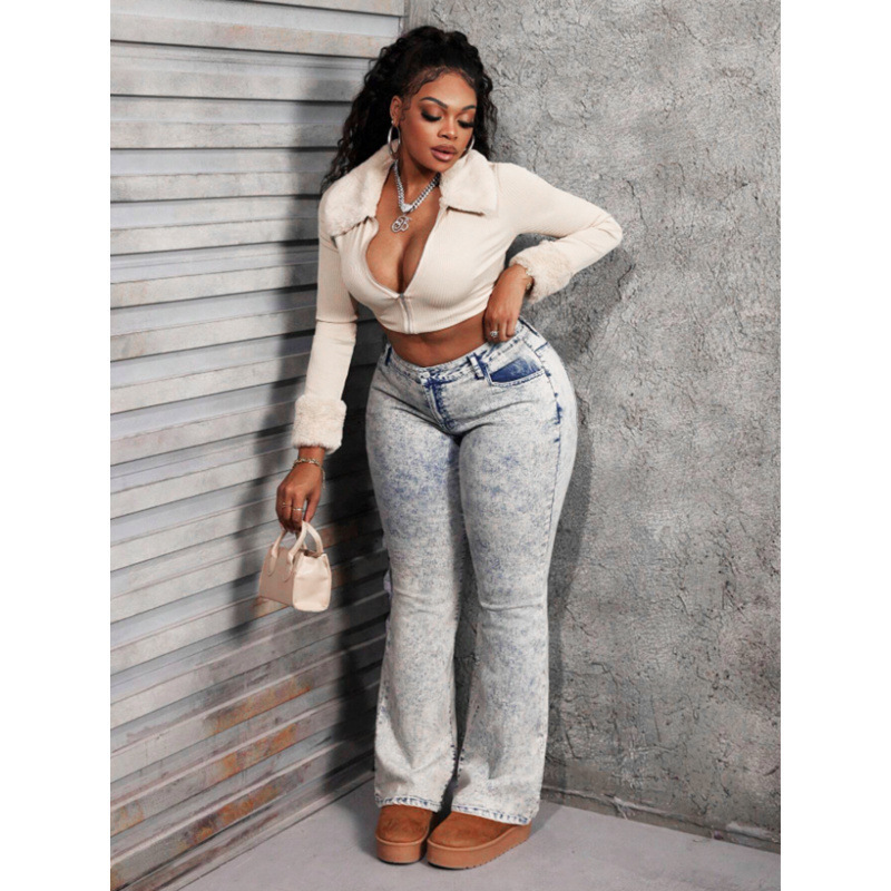 Europa y Estados Unidos transfronterizos apretados de cintura alta estilo americano de alta tendencia callejera Jeans lavado con agua pantalones de boquilla universal tamaño extra image 1
