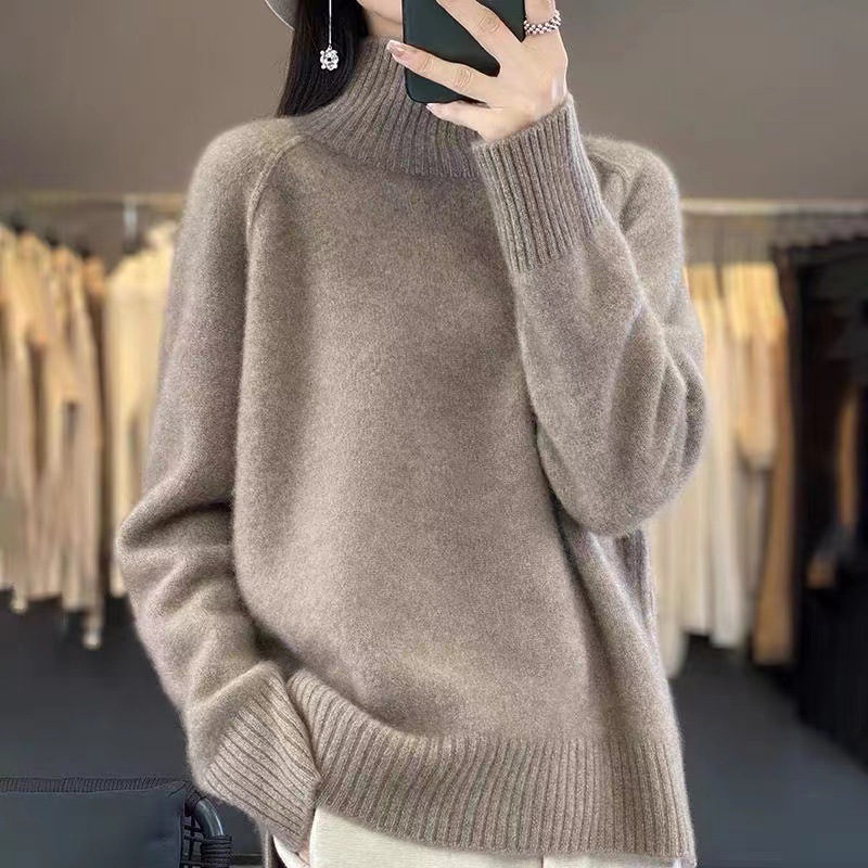 100% pure woolen sweater women's turtleneck split solid color sweater loose all-match front short back long wool knitted bottoming shirt