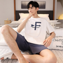 L-3XL纯棉睡衣男士夏季短袖短裤圆领套头加大码家居服套装