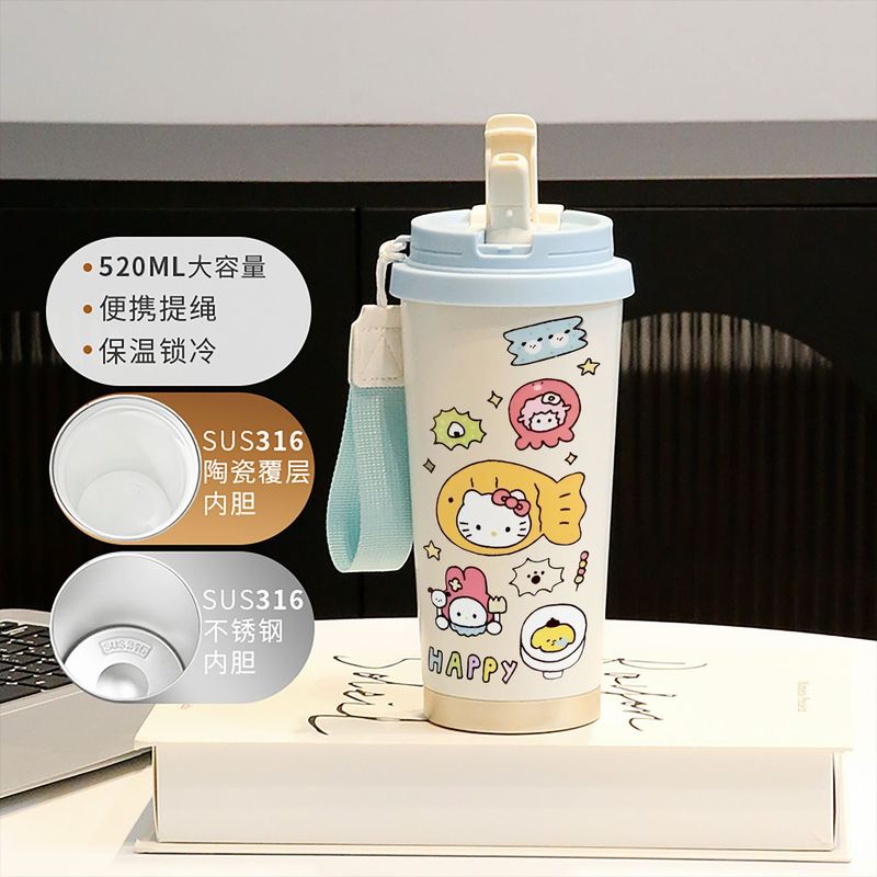 新款童趣咖啡杯316不锈钢保温杯卡通带吸管杯子双饮高颜值喝水杯|undefined